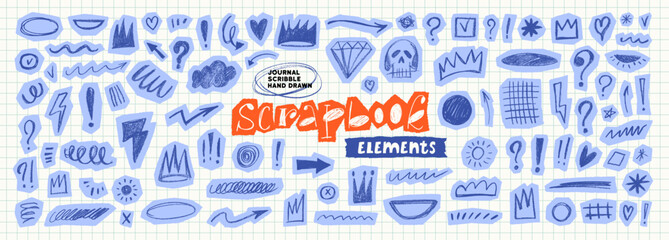 Blue scrapbook scribble doodle stickers set on notebook grid background. Crayon or pencil drawn doodle on torn edges collage blue paper. Pen note scribbles, crown, arrow and heart scrapbook clip art.