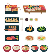 Set of Japanese food illustration, bento, sushi platter, ramen, chirashi, poke bowl, miso soup, sashimi, starters, gyoza, yakitori, tempura, edamame, dessert, dorayaki, mochi, ... © YueLan
