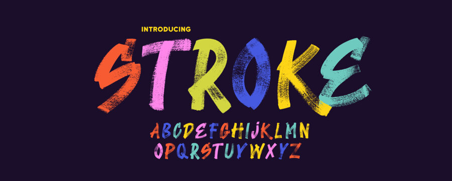 Colorful grunge capital alphabet letters with dry brush texture. Hand drawn kid distressed bold font. Brush drawn letters, funky alphabet. Playful bold grunge font with rough stamp texture.