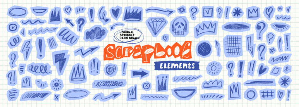 Blue scrapbook scribble doodle stickers set on notebook grid background. Crayon or pencil drawn doodle on torn edges collage blue paper. Pen note scribbles, crown, arrow and heart scrapbook clip art.
