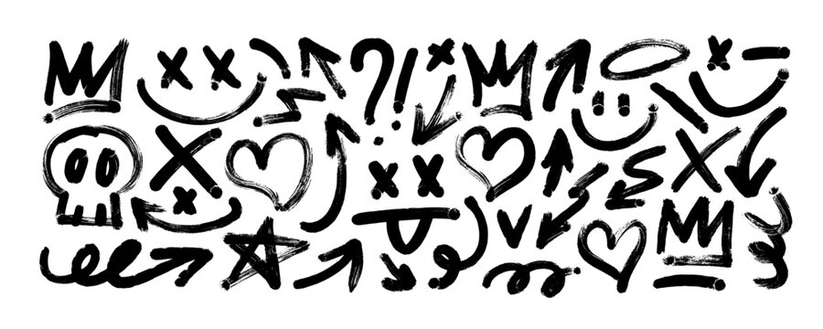 Punk and graffiti style brush drawn doodle shapes. Hand drawn bold brush star, arrow, skull and crown. Graffiti bold brush drawn figures for collages, grunge street art design, rock and roll aesthetic