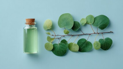 Natural Essential Oil Bottle with Green Leaves on Blue