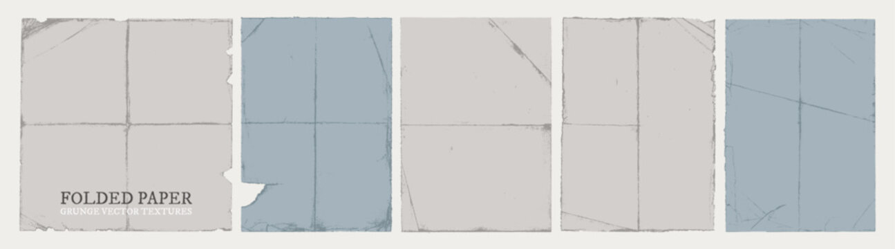Wrinkled and folded paper texture overlays set. Hand drawn empty rough folded covers or old papers. Crumpled torn paper with creases. Realistic vector illustration, vintage sheet pastel overlay.
