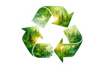 Recycling symbol with green forest and pine trees, promoting sustainability, eco-friendly concepts, and environmental conservation with a transparent background