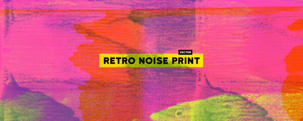 Colorful risograph effect print texture with text. Riso overlay punk graffiti background with linocut printmaking. Letterpress bright analog print. Pink punk grunge background with overlay halftone.