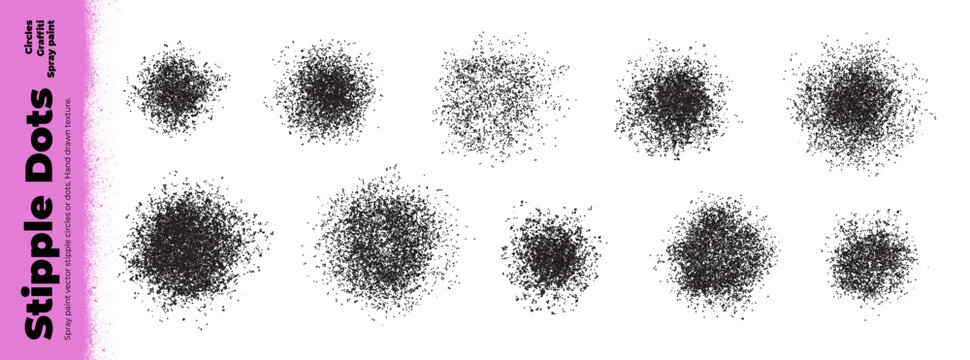 Stippled radial brush strokes and dissolve spray paint dots collection. Stipple graffiti round shapes, dust powder aerosol effect. Small particles shade effect. Gradient scatter texture dots.