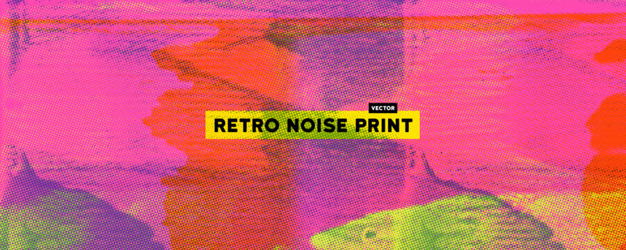 Colorful risograph effect print texture with text. Riso overlay punk graffiti background with linocut printmaking. Letterpress bright analog print. Pink punk grunge background with overlay halftone.