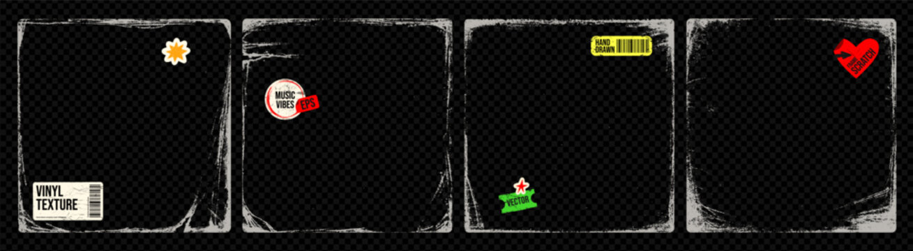 Folded scratchy cd or vinyl covers set. Faded rough edges frame overlays on transparent background. Vector scratch square vinyl templates with stickers. Graphic cd vector covers with rough borders.