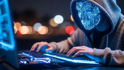 Person wearing hooded jacket and crystal mask using laptop at night