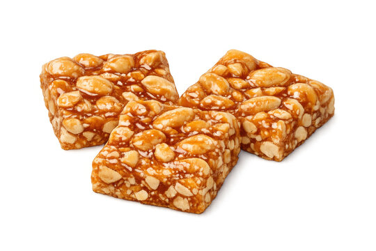 Peanut brittle bars, chikki energy snack with nuts and caramel coating, transparent background