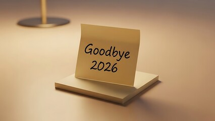 A small note on a stand reads Goodbye 2026 on a table