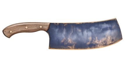 Wide blade carbon steel knife with riveted handle on white background