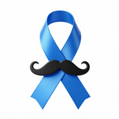 Blue prostate cancer awareness ribbon pairs with black mustache icon for men's health Movember campaign