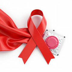 Red AIDS awareness ribbon drapes with condom packet promoting safe sex and HIV prevention on white background