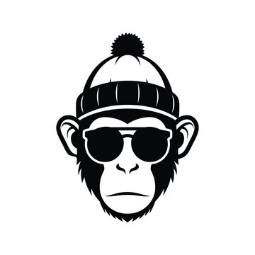 Funny Monkey Face Vector Illustration Wearing Sunglasses and Beanie Hat