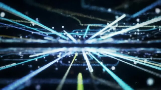 Luminous, abstract digital cyberspace animation featuring vibrant blue, purple, and teal data streams flowing horizontally with foreground bokeh. Smooth tracking video through glowing particles in a