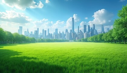Expansive green meadow borders modern city skyline under clear blue sky. Lush trees line the park edge creating a serene natural contrast to urban structures. Sunny day.