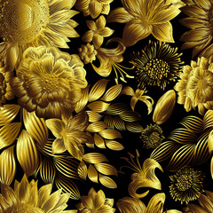 Golden flower seamless background. hand drawing. Not AI, Vector illustration