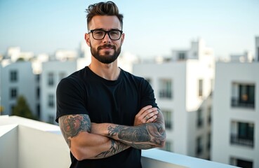 Obraz premium Young man with beard glasses tattoos stands on terrace arms crossed. He wears black t-shirt looking confident. Modern buildings background city view. Male portrait urban lifestyle.