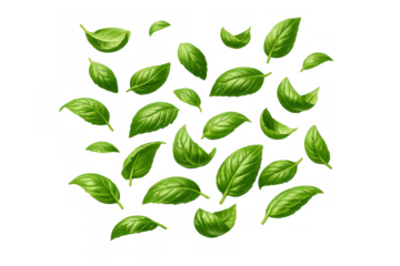 Flying fresh green basil leaves creating a flavorful herb culinary ingredient splash on transparent background