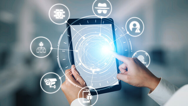 Cyber security icons show cyber attack defense, malware protection, and data security. Cybersecurity prevents hacking, ensures safety, and strengthens cyber attack resilience. Gist - Powered by Adobe