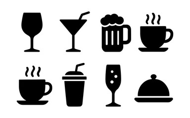 Collection of diverse beverage and food icons representing different drinks and meals