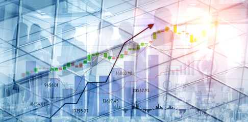 A modern representation of business growth through financial graphs and charts, highlighting teamwork and success in a corporate workspace environment. Scalp