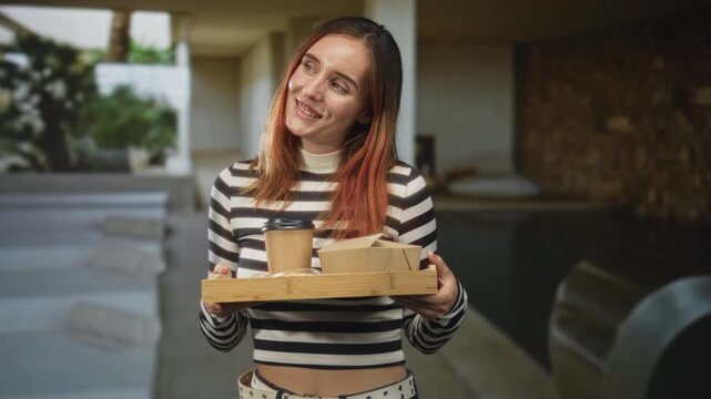 Young redhead woman holding wooden tray with coffee cup and takeaway box in building lobby; hospitality contentment.