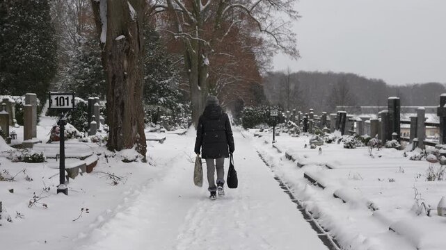 Woman walks along snowy path.  Cemetery backdrop.  Winter scene.  Snowfall visible.  Person carries bags.  Quiet, contemplative mood.  Peaceful, somber atmosphere.  Seasonal, memorial theme