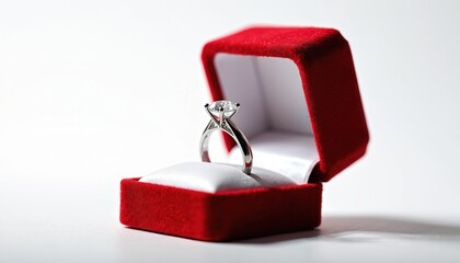 Diamond ring inside red velvet box. White background. Single gem sparkles brightly. Shiny metal band. Perfect proposal gift choice. Elegant jewelry. Symbol of love.