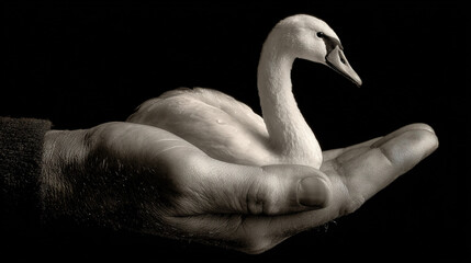 Hand Holding a Swan, Monochrome Portrait