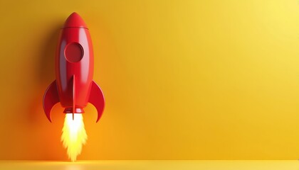 Red retro rocket launches with bright orange flames against a vibrant yellow backdrop. This playful digital art symbolizes speed, innovation, and future exploration, perfect for startups.