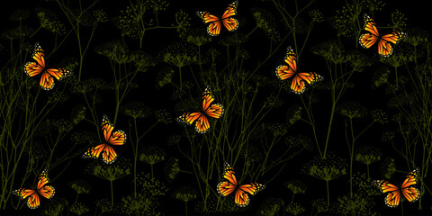 Seamless grass dill with butterflies on a dark background. Hand drawing. Not AI, Vector illustration