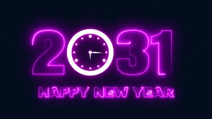 Happy New Year 2031 neon sign with clock striking midnight