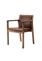 Fototapeta premium an impeccably crafted modern dining chair featuring a geometric walnut wood frame and textured dark brown leather, isolated in a high-key studio setting showcasing premium design