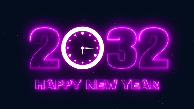 Happy New Year 2032 neon sign with clock striking midnight
