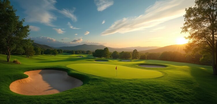 Golf course with green grass fairways sand traps and putting green at sundown with mountain backdrop. The beautiful natural landscape offers a peaceful setting for sport leisure.