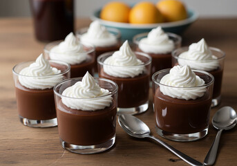 Homemade chocolate pudding topped with whipped cream in little glass cups on a wooden table.