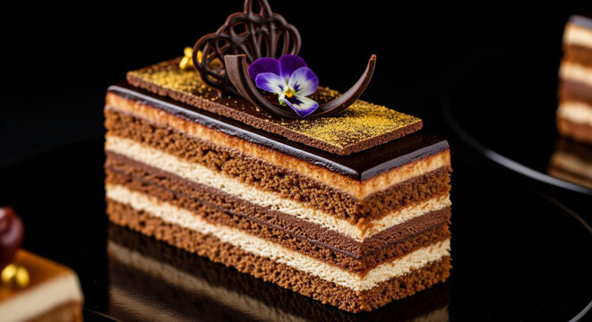 Opera cake at the a La carte desserts , cakes on a black background. Selective focus