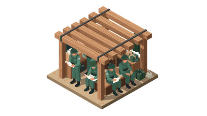 Isometric soldiers in wooden guard shelter engaged in reading
