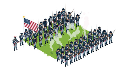 Naklejka premium Isometric american civil war soldiers in formation with flag on battlefield