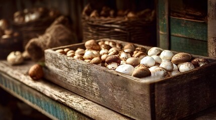 Fresh mushrooms in rustic wooden crate on market stall