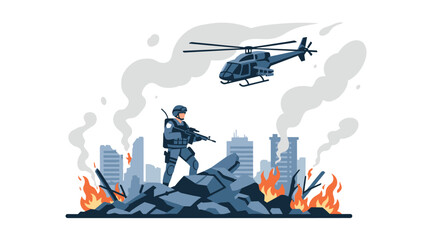 Naklejka premium Urban warfare scene with soldier and helicopter in burning cityscape