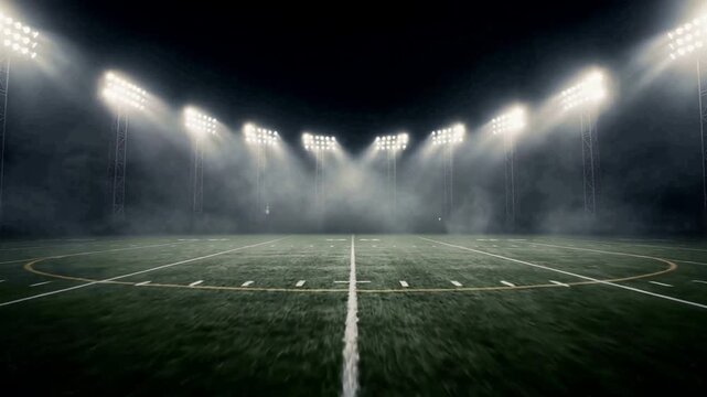 Dramatic camera movement across an empty american football field at night, flying over the fifty yard line with bright stadium lights shining through the atmospheric fog