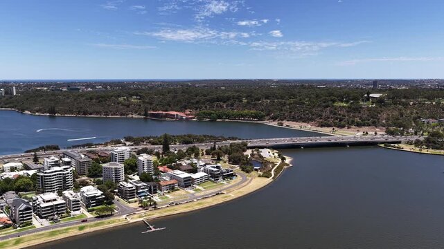 South Perth, Perth City, Western Australia, Australia &ndash; 4K Aerial Drone Footage of City Skyline, Swan River, Sir James Mitchell Park, Riverside Highway, Residential Houses and Estates