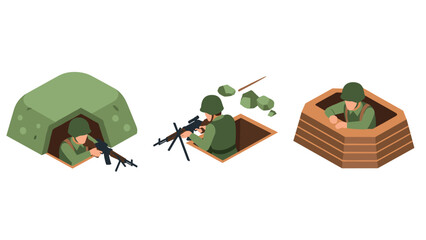 Naklejka premium Isometric soldiers in combat bunkers set