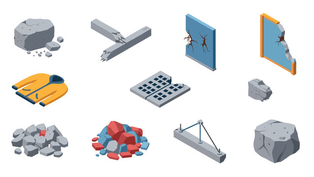 Isometric natural disaster icons: crumbling structures, rocks, and broken walls
