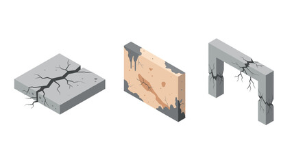 Set of isometric cracked concrete structures for construction projects