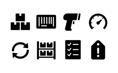 Set of logistic and warehouse icons representing inventory, scanning, and delivery processes