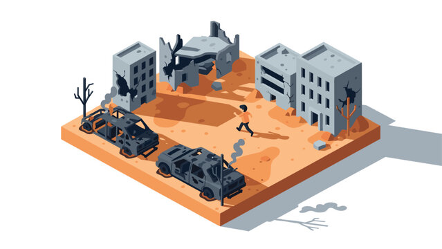 Isometric urban warzone with ruined buildings and vehicles